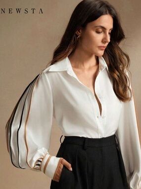 Newsta White Button-Down Blouse with Contrast Sleeve Stripes